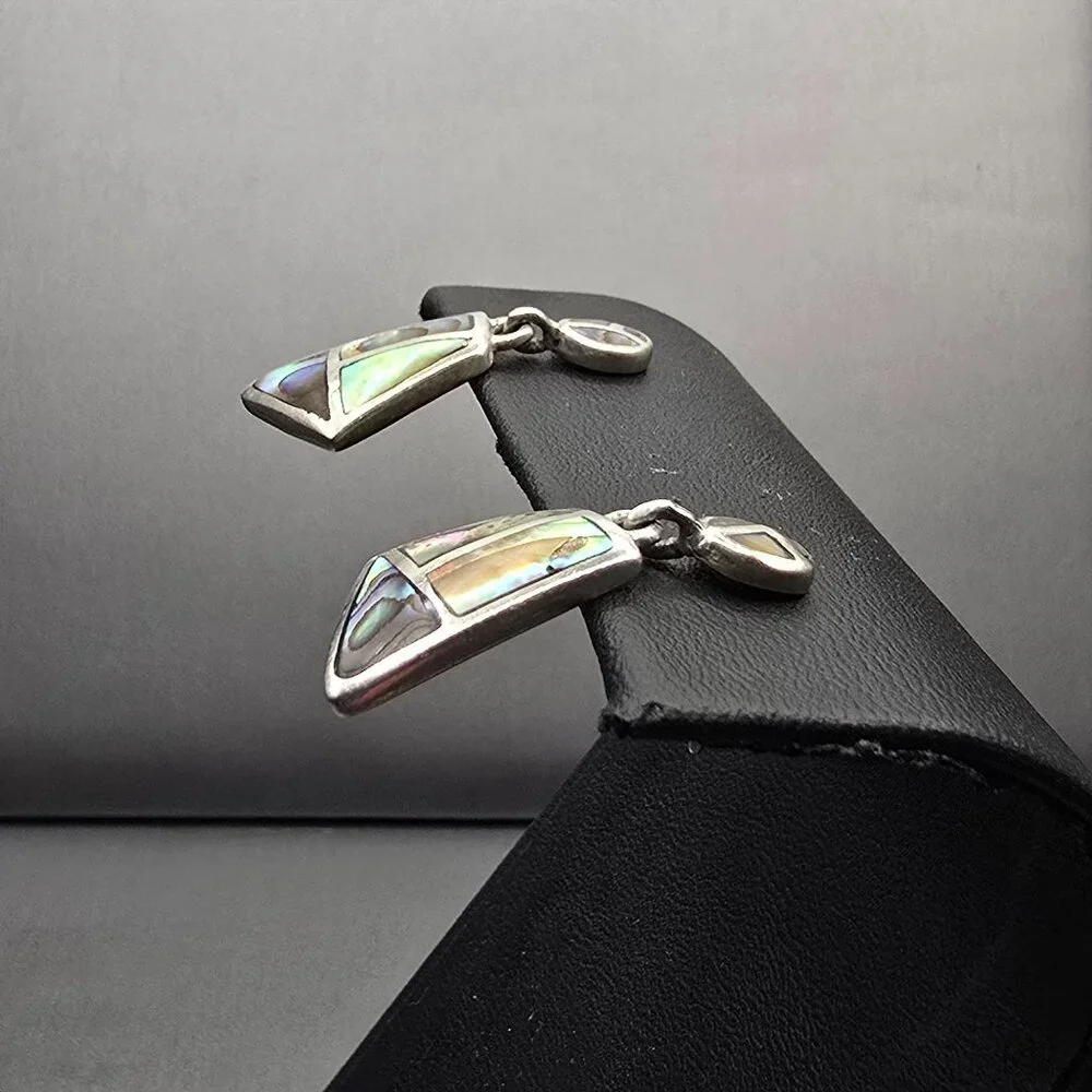 VTG Carol Felley Sterling Silver Abalone Mosaic Dangle Earrings 1" Signed CFJ - Picture 2 of 9